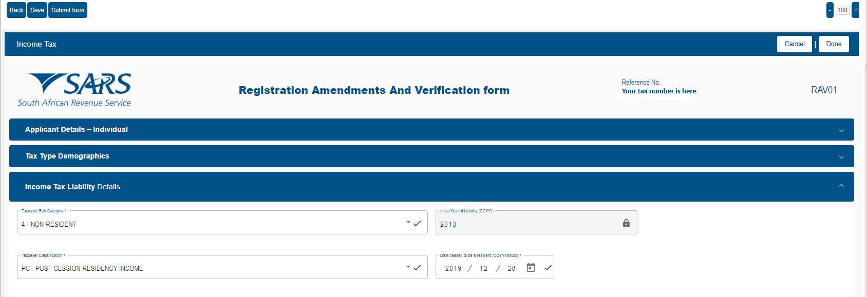 The SARS eFiling Registration Amendments and Verification form (RAV01), showing the Income Tax Liability Details section with the taxpayer sub-category set to non-resident