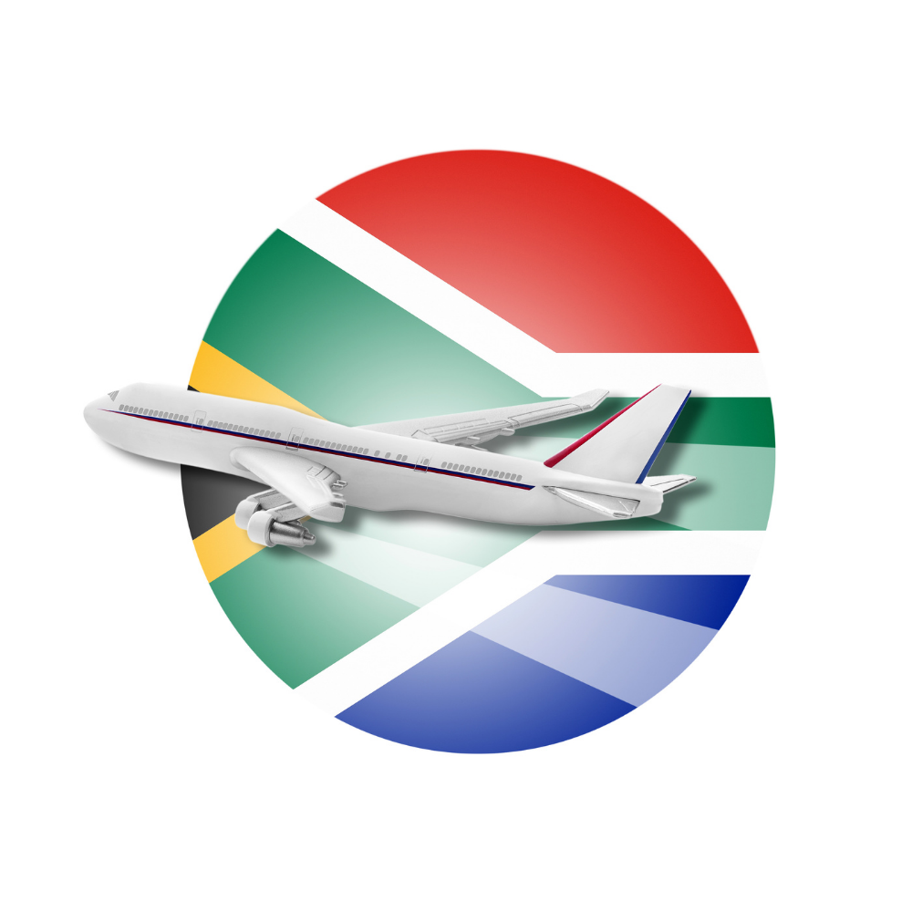 A passenger plane flying across a circle in the colours of the South African flag